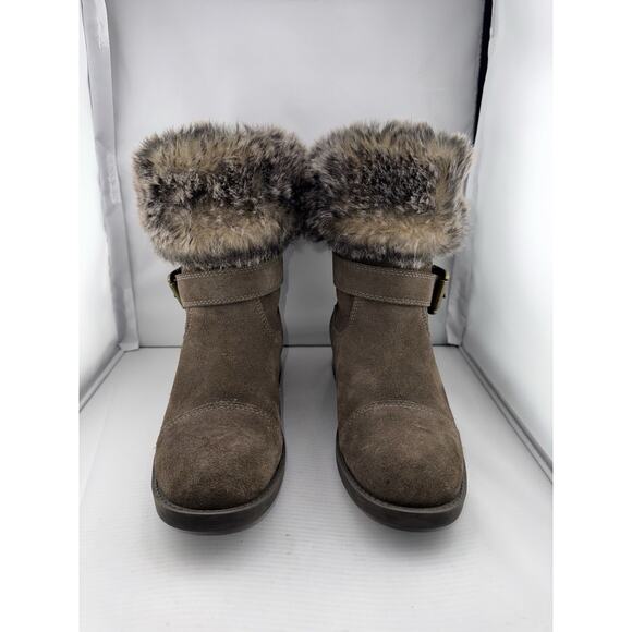 Cougar Winter Boots Women‎ 7M Taupe Suede Faux Fur Fold-Over Buckle Heel Franca - Picture 2 of 12